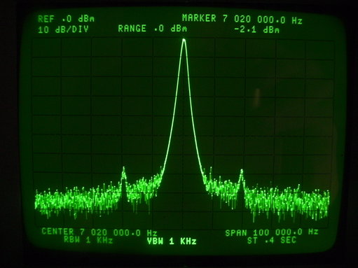 Ongemoduleerde carrier op 7.02 MHz (De twee produkten op 20 kHz afstand van de carrier worden veroorzaakt door de microcontroller maar zijn meer dan 60 dB down. Bedenk wel dat de hele schakeling open ligt....)