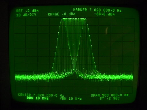 De carrier gemoduleerd met een signaal van 1 kHz en een zwaai van 50 kHz.